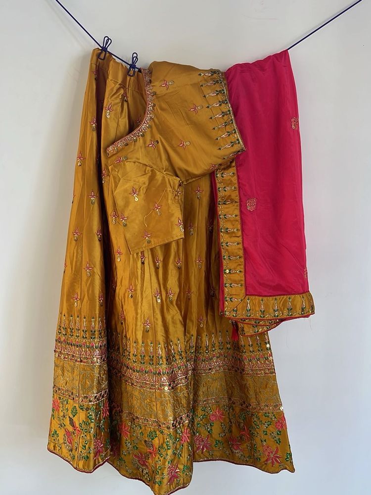Embroidered Mustard Silk Lehenga -3 pc