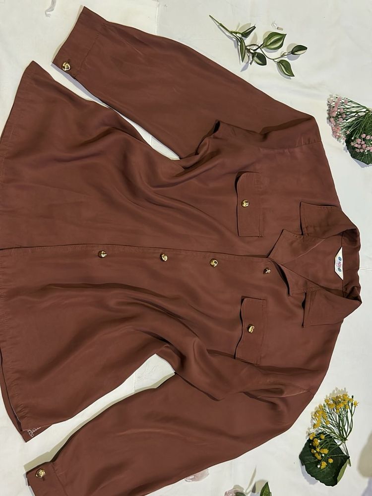 Chic Brown Long Sleeve Button-Up Top