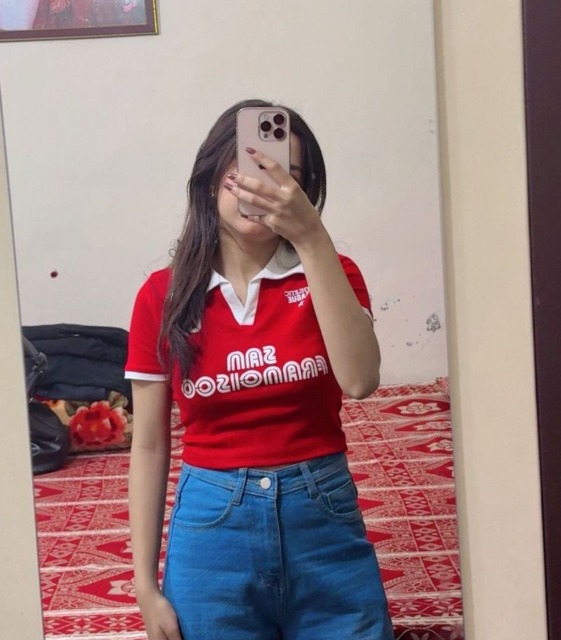 Red Graphic Print Collared T-Shirt