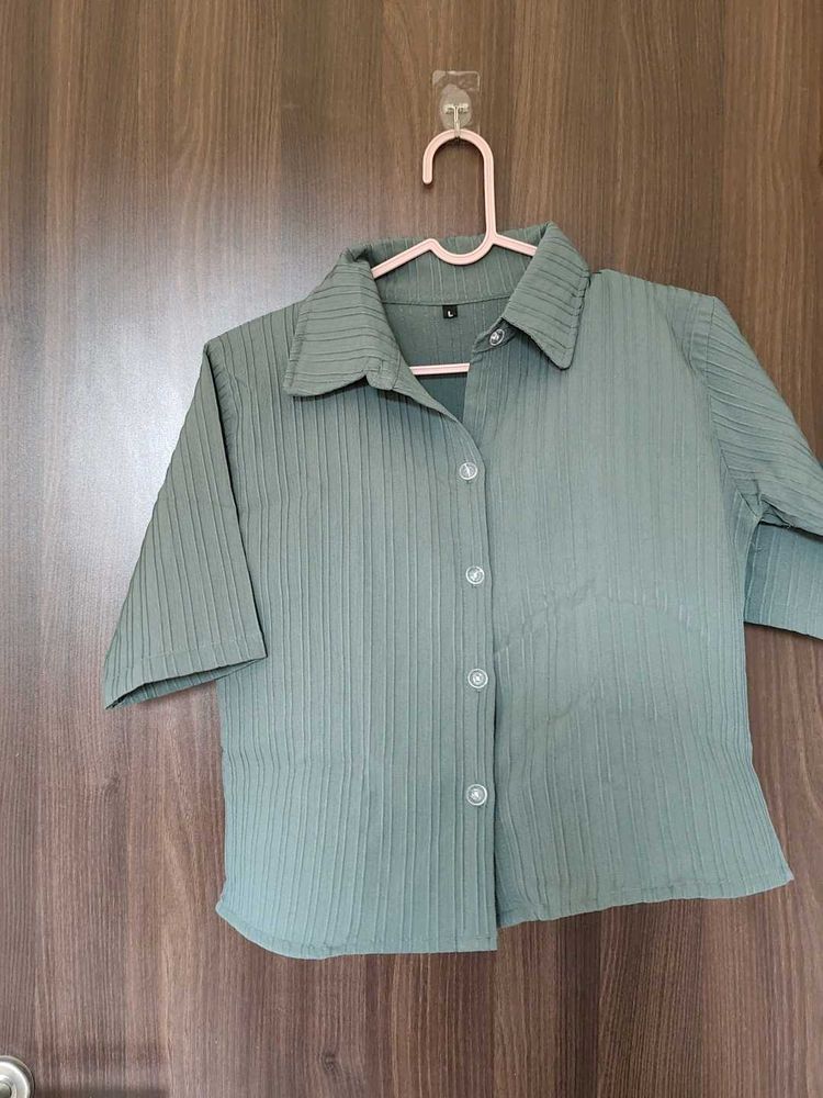 Ribbed Collared Button-Up Top