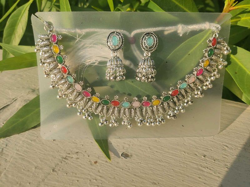 Boho Oxidized Silver Necklace &amp; Earrings
