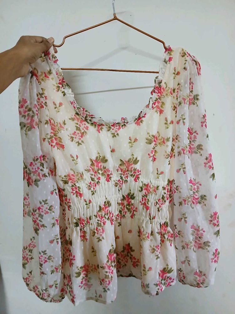 Sheer Floral Print Smocked peplum Top