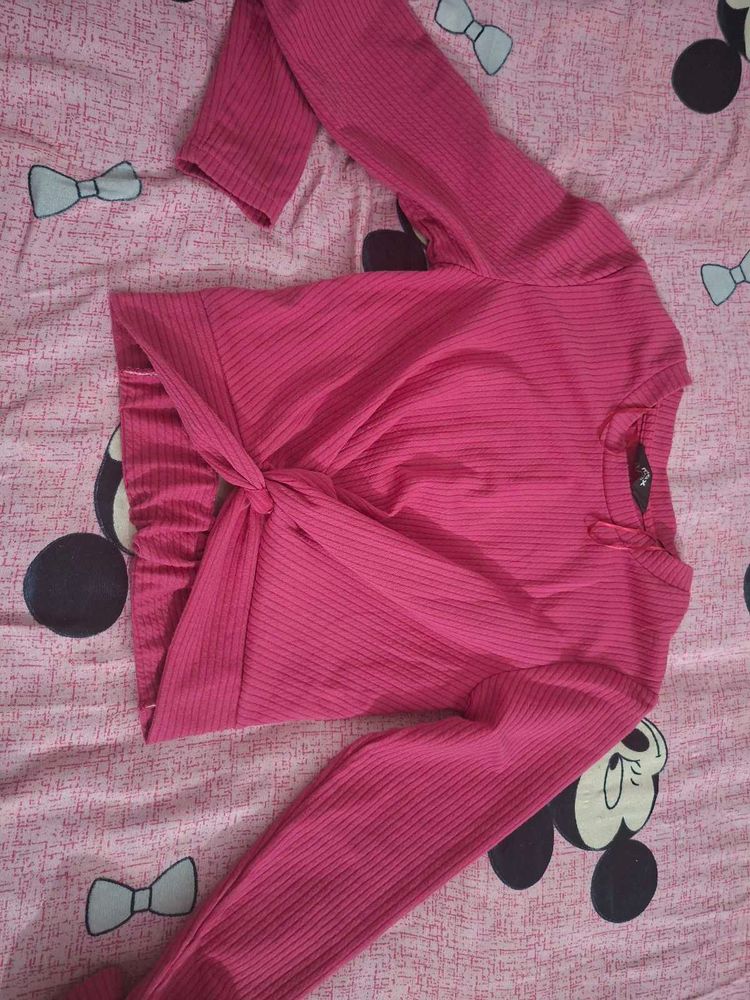 Chic Pink Ribbed Twist-Front Top