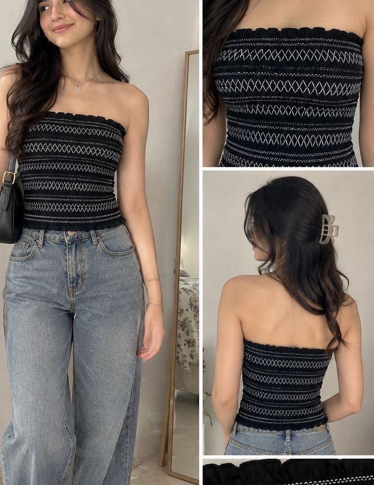 ✨ Black Embroidered Smocked Tube Top