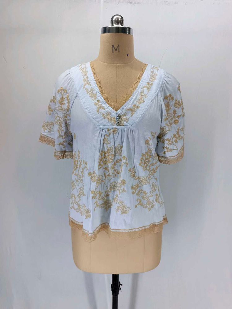Light Blue Floral Embroidered Blouse