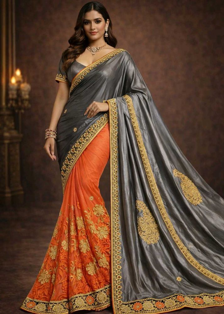 🇳🇿💫🎀Elegant Grey &amp; Orange Embellished Saree