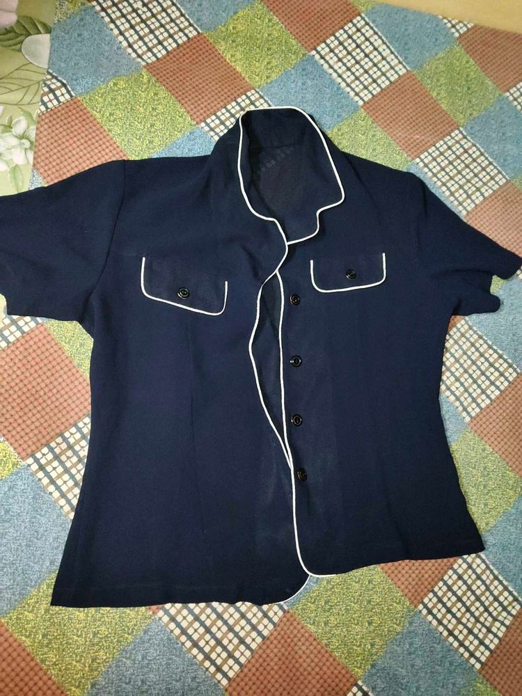 Navy Blue Button-Up Blouse