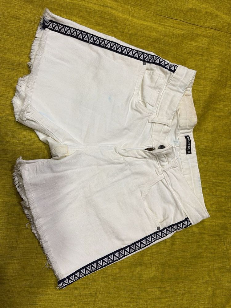 White Denim Shorts with Aztec Trim