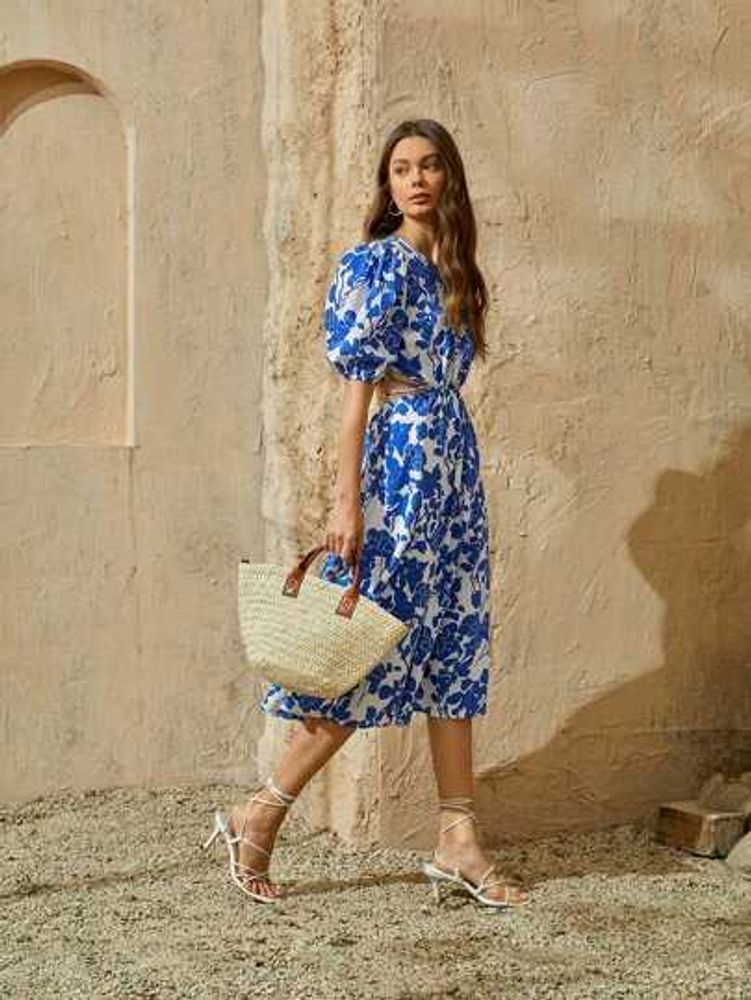 Blue Floral Cut-Out Midi Dress
