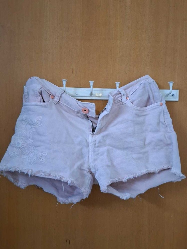 Cute Pink Embroidered Denim Shorts