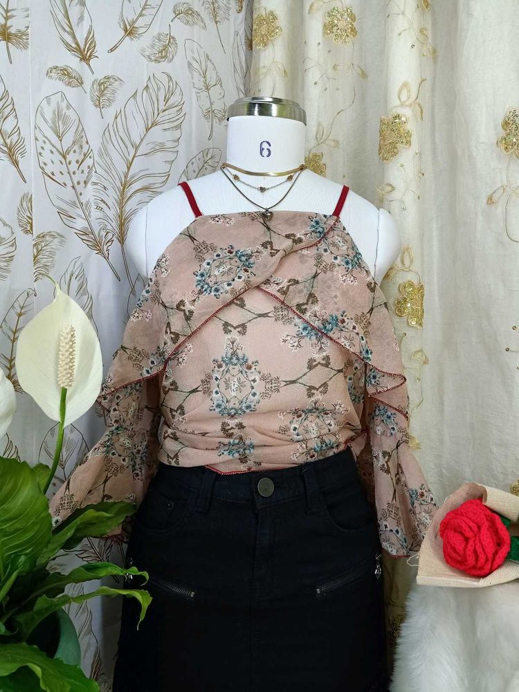 💖Chic Floral Cold Shoulder Bell Sleeve Top💖