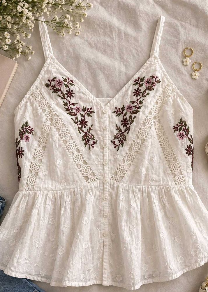 Embroidered White Cami Top FREE DELIVERY