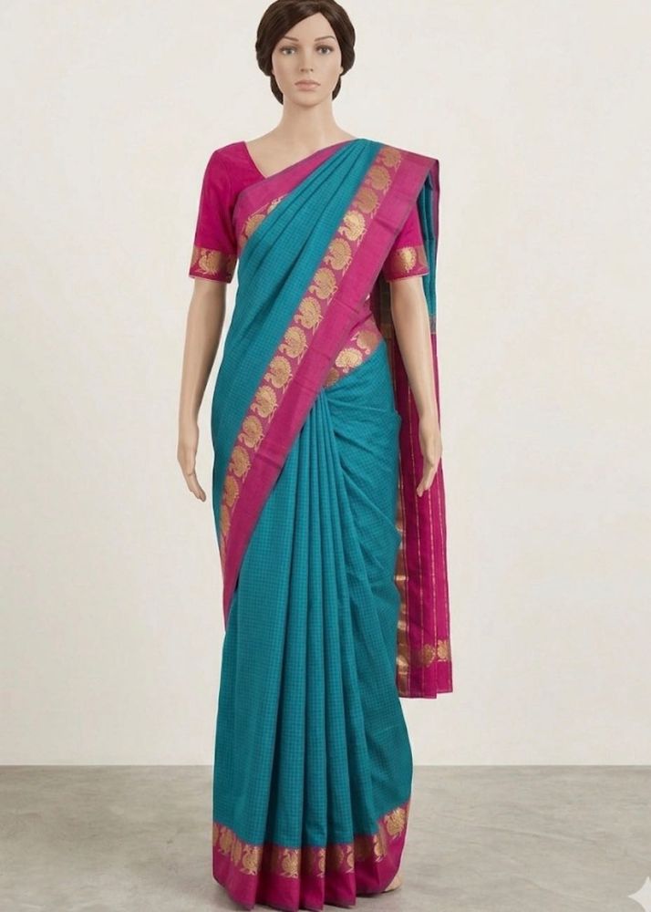 Elegant Teal &amp; Pink Saree with Gold Border