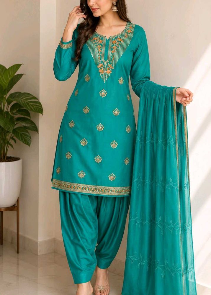 sea green dresse material with dupatta embroidered