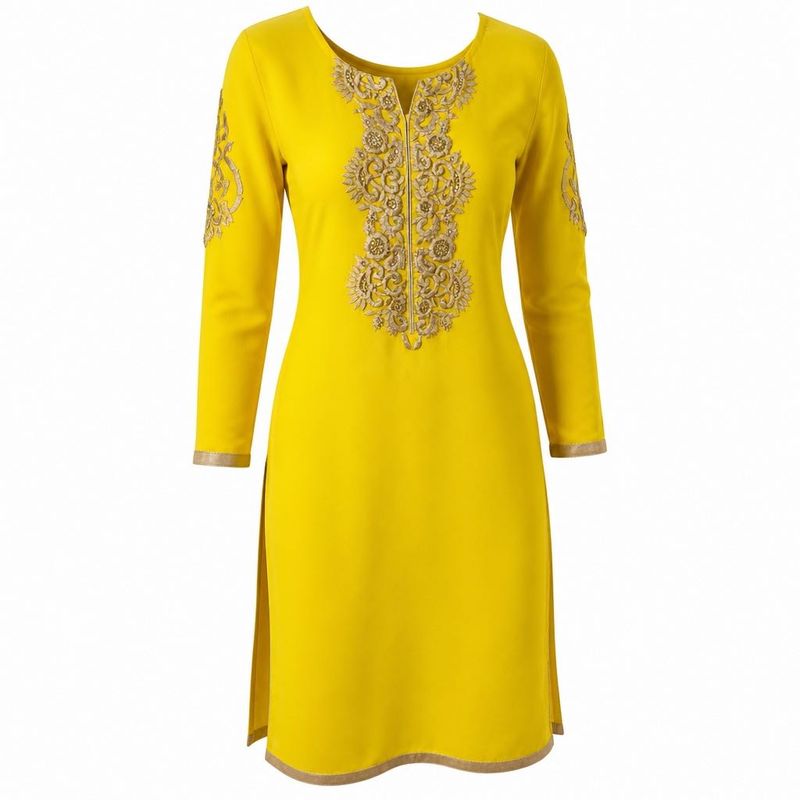 Yellow Embroidered Straight Kurti for Women | 3/4