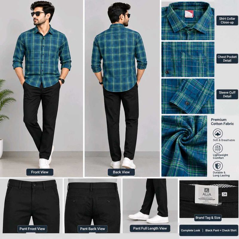 Men's Plaid Shirt &amp; Black Pants Set