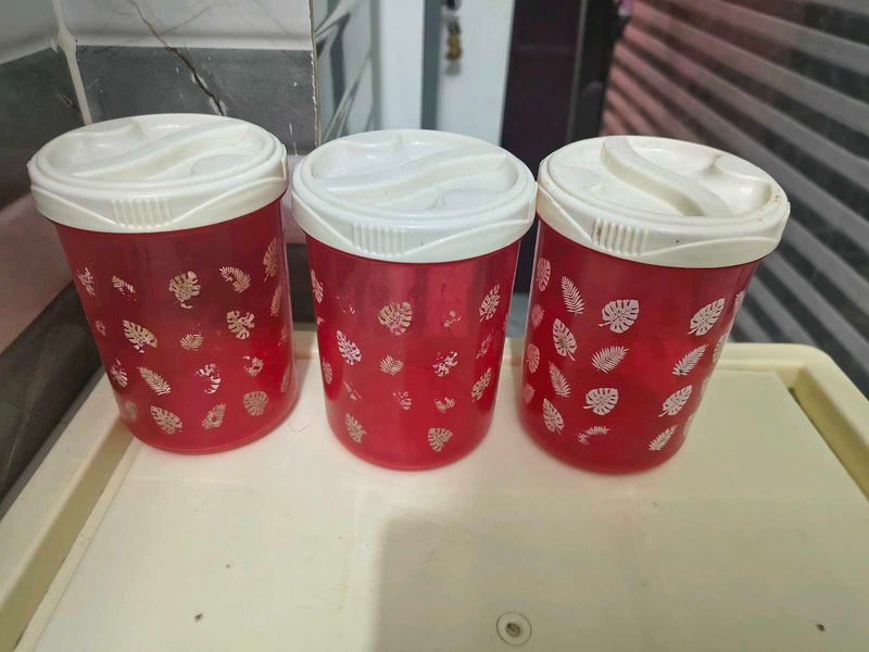 Set of 3 Red Leaf Print Canisters