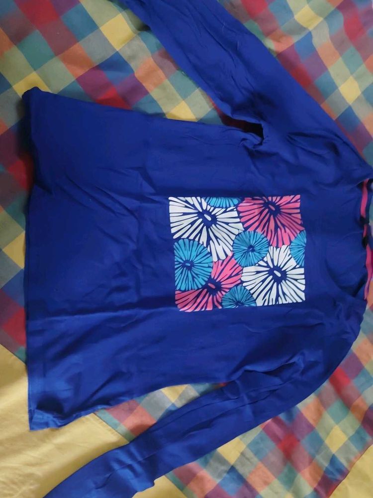 Blue Long Sleeve T-Shirt with Floral Print