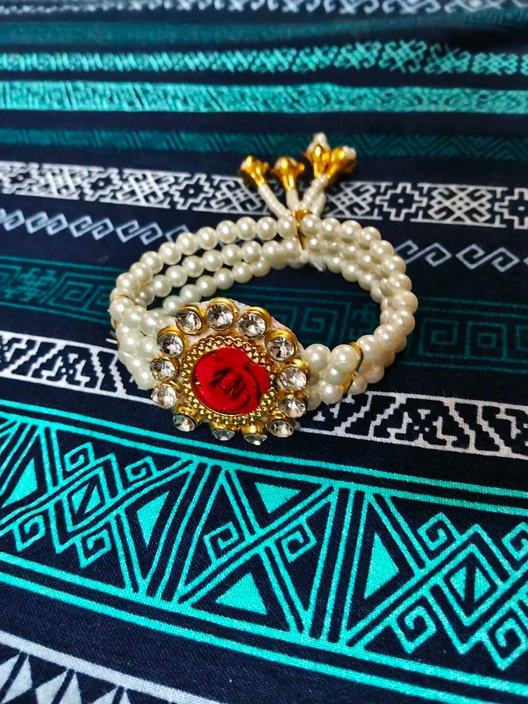 Elegant Pearl &amp; Red Stone Bracelet
