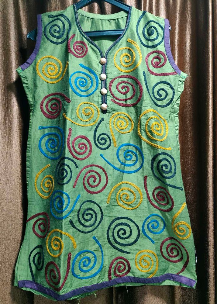 Green Kurti with Swirl Embroidery