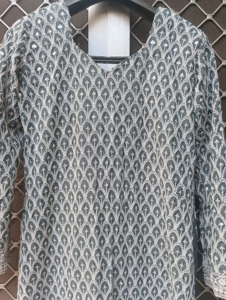 It's Grey Chikankaari And Sitaara Work Kurta For W