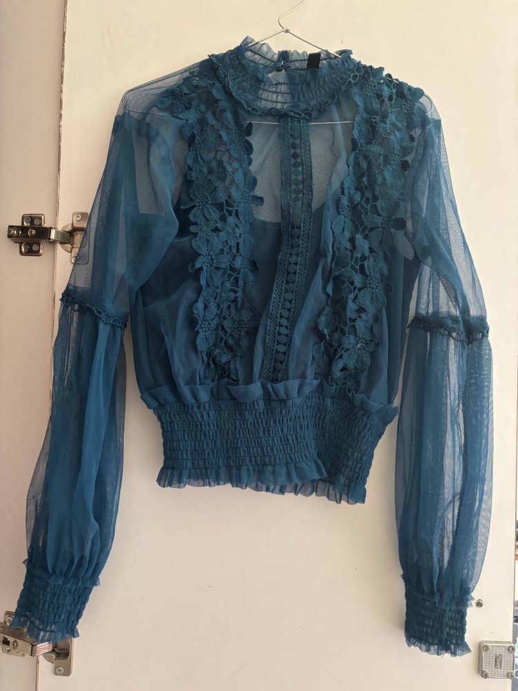Elegant Blue Lace Trim Sheer Top