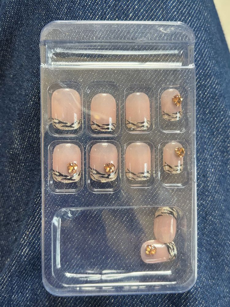Leopard French Tip Press-On Nails with Rhinestones