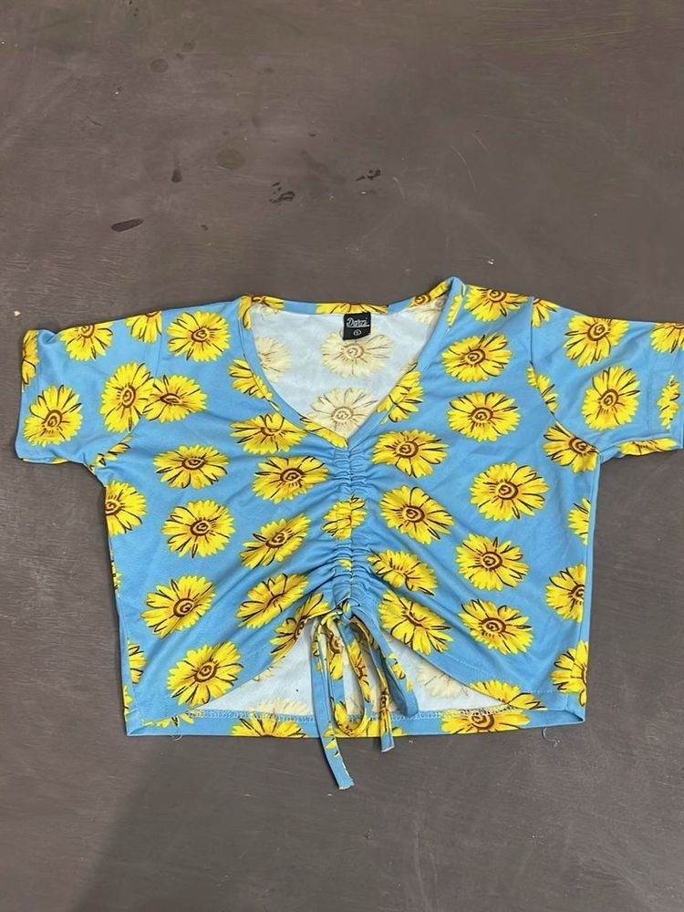 Blue Sunflower Print Ruched Crop Top