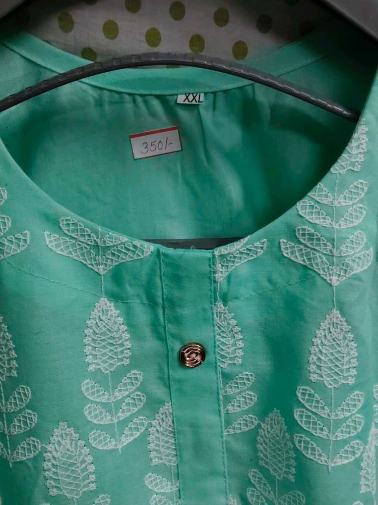 Aqua Blue short Kurta with White Embroidery