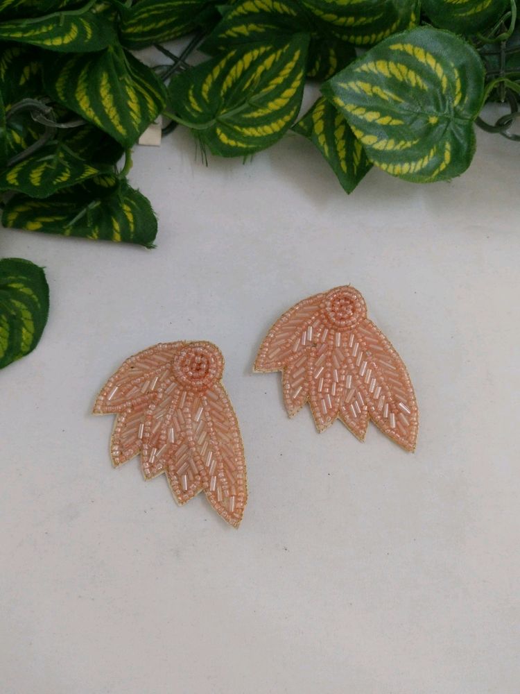 Peach Beaded Leaf Earrings