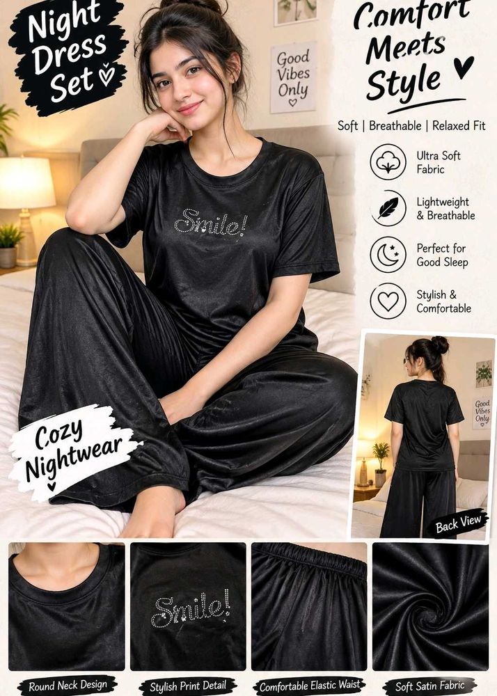 Women's Black Satin Nightdress Set