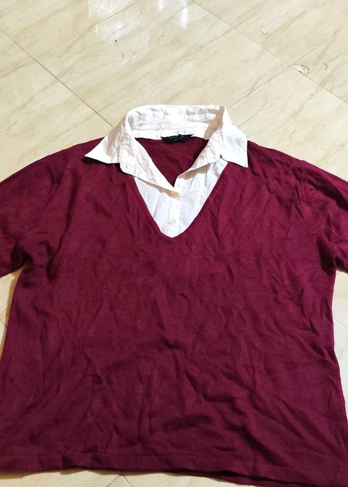 Maroon V-Neck Collared Top