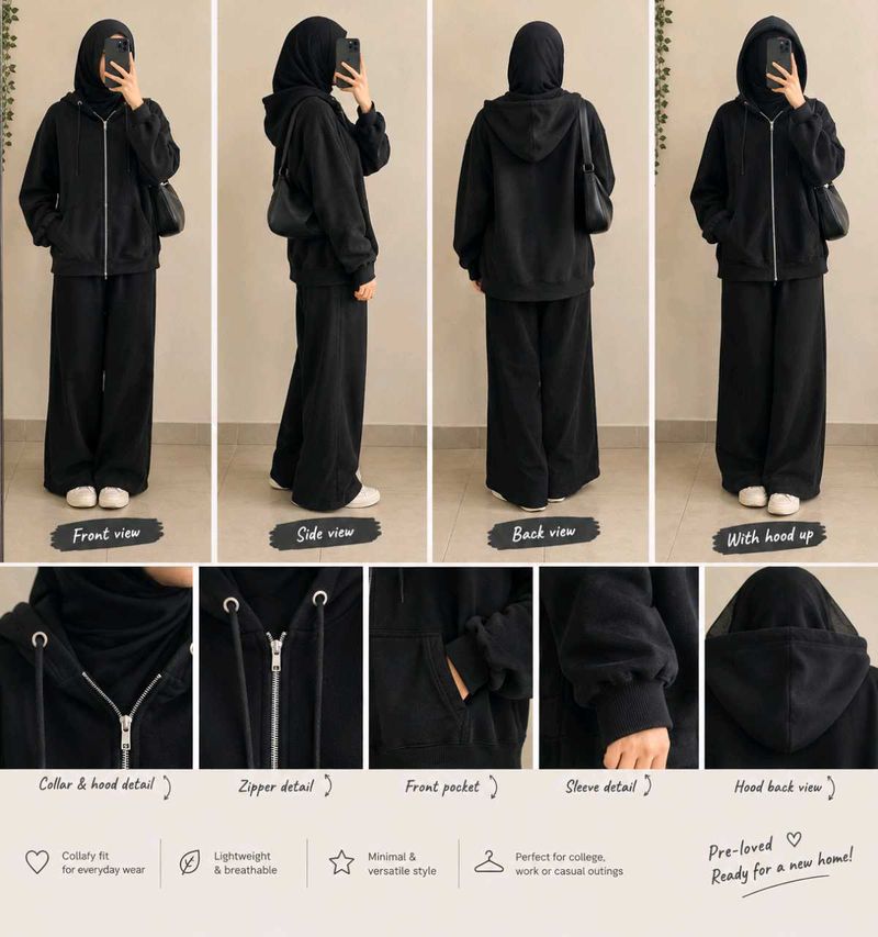 Comfortable Black Zip-Up Hoodie and Pants Set