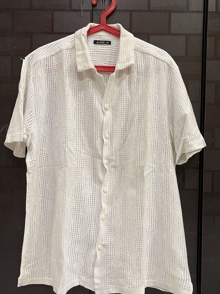 Men's White Textured Short Sleeve Shirt