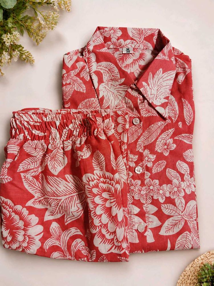 Red Floral Cotton Night Suit Set
