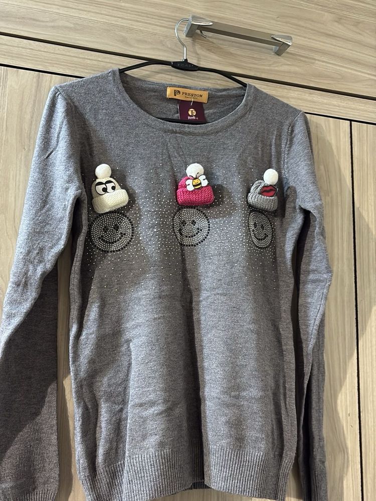 Grey Embellished Smiley Face Sweater