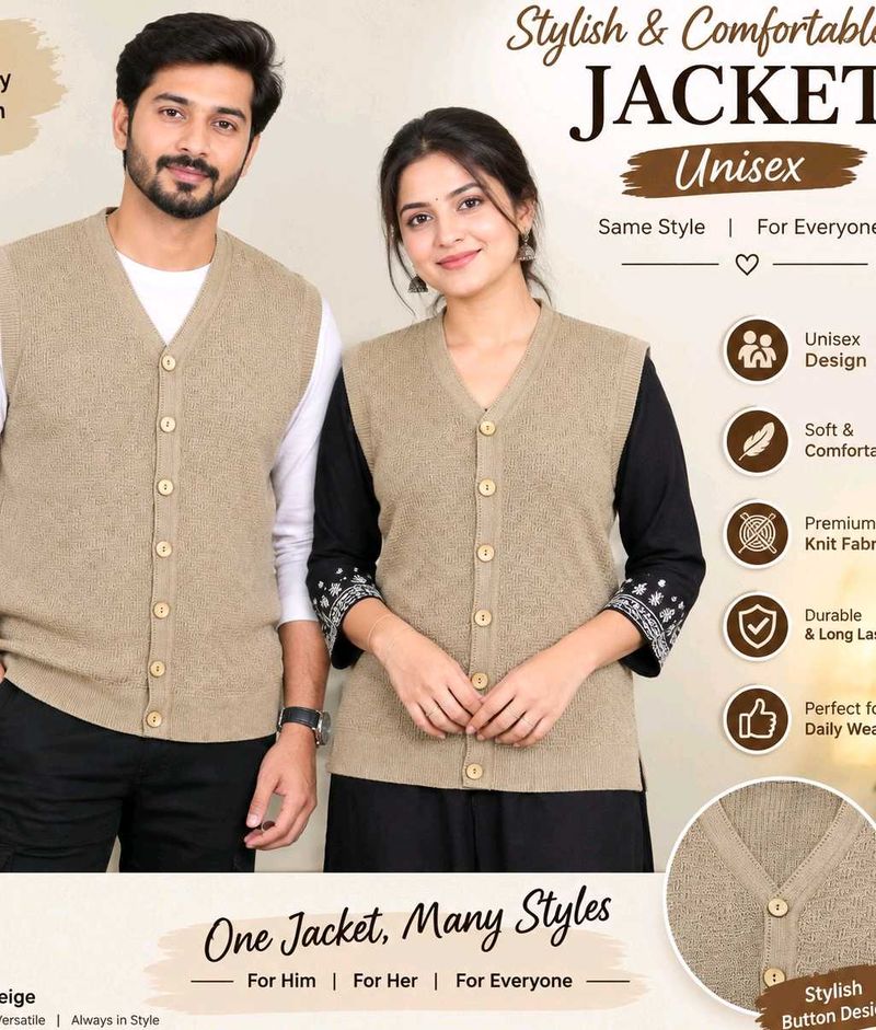 Unisex Beige V-Neck Sleeveless Jacket