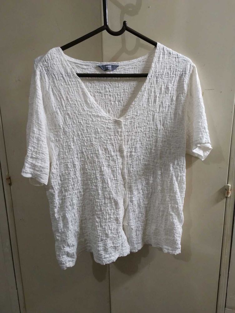White Textured V-Neck Button-Up Top