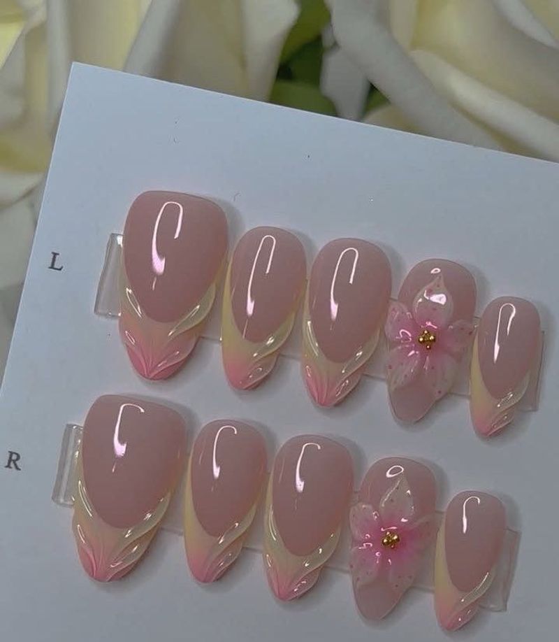 Pink Floral French Press-On Nails