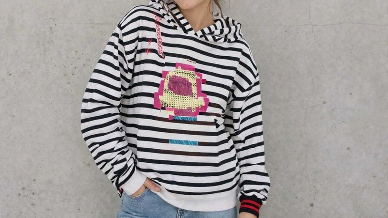 Striped Hoodie with Pixelated Graphic