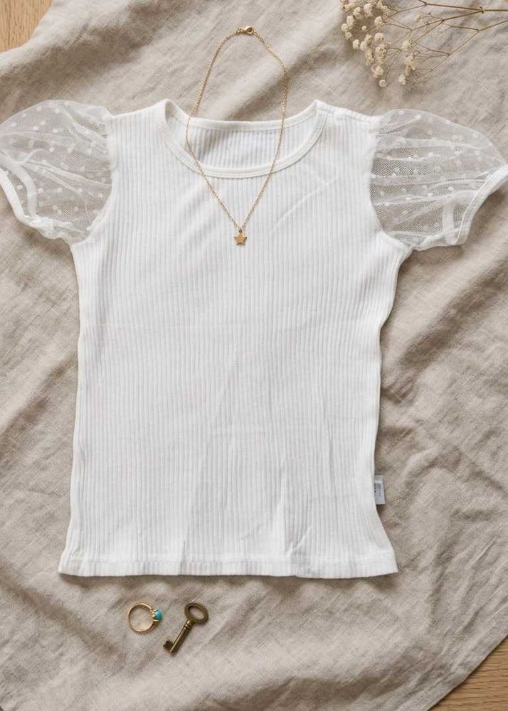 White Ribbed Top with Puff Sleeves