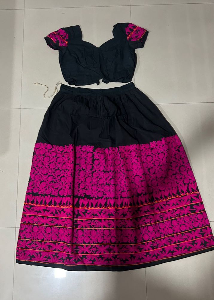 Black &amp; Pink Embroidered Skirt &amp; Top Set