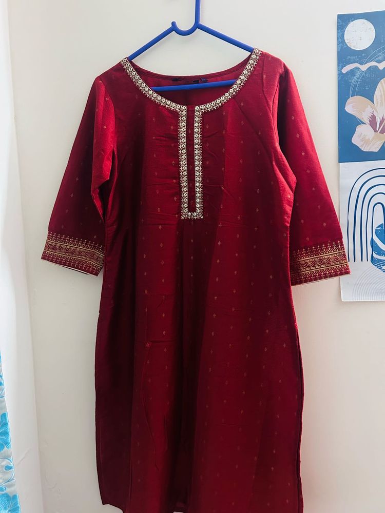 Elegant Maroon Kurta with Embellished Neckline