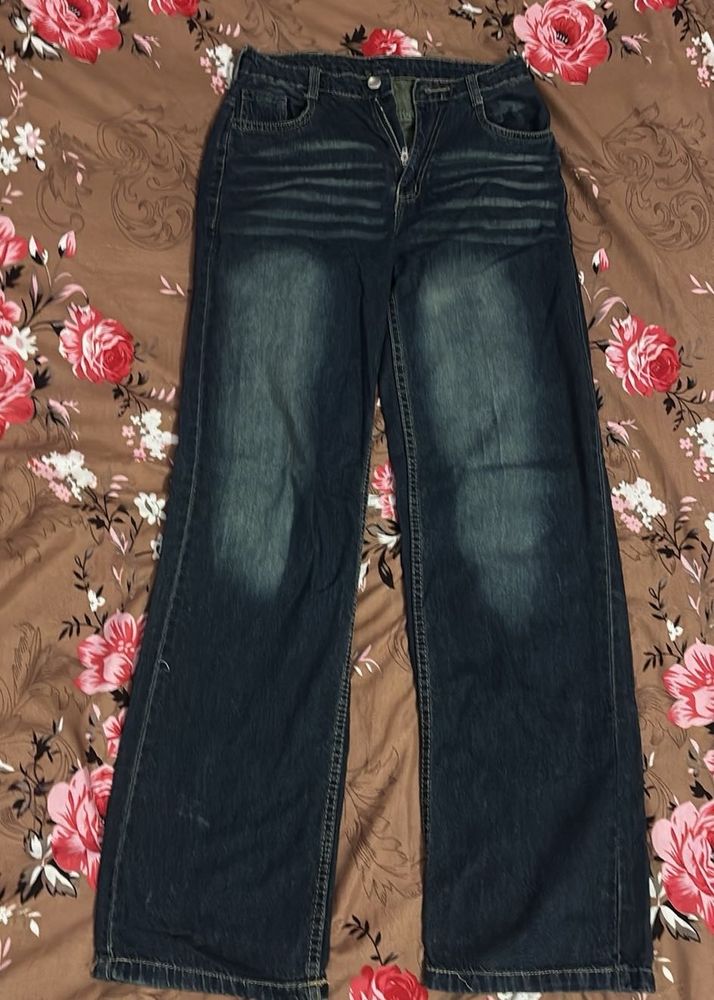 Womens Wide Leg Blue Denim Jeans