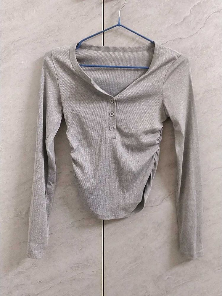 Grey Ruched Long Sleeve Top