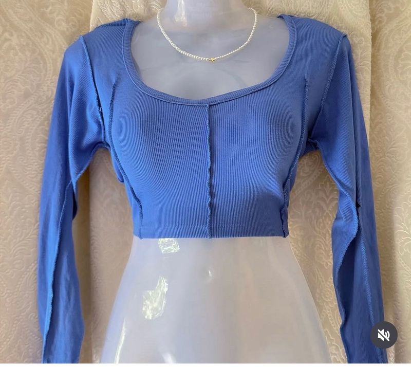 Blue Ribbed Crop Top with Long Sleeves
