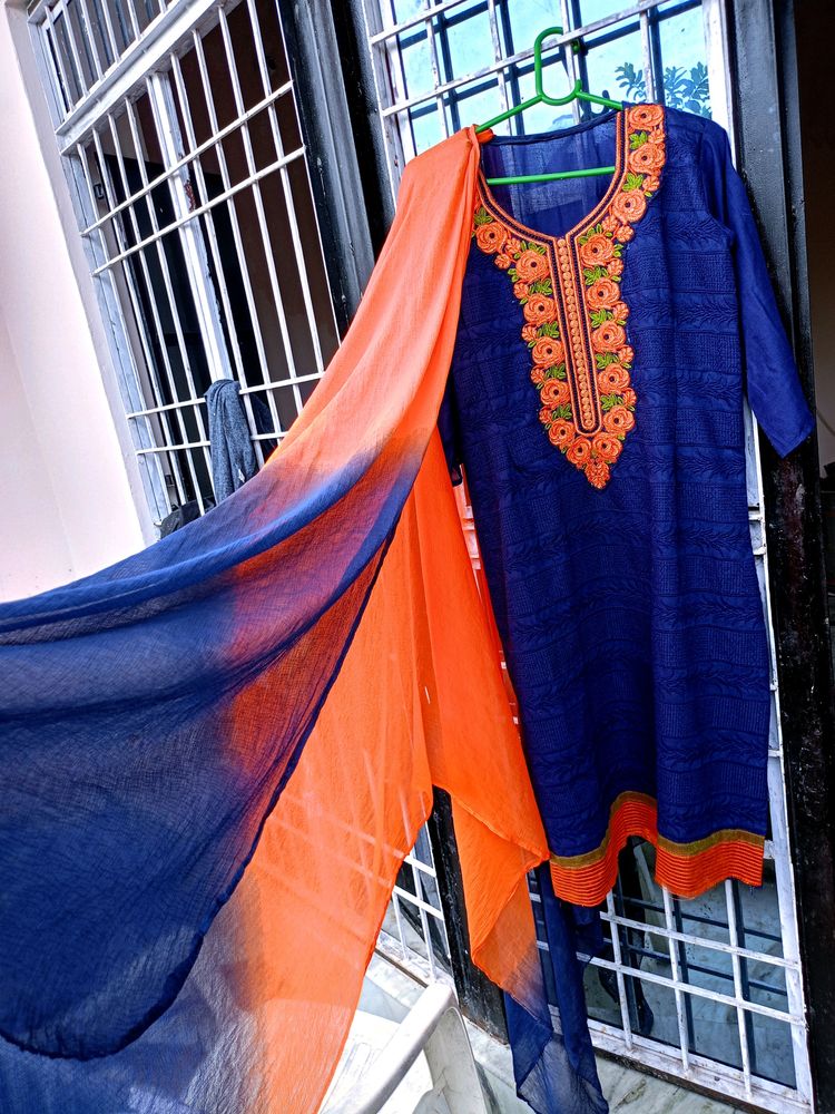 Blue Kurti Length 40 . orange Colour Churidaar Pyjama And  Cheffon Duppatta Colour