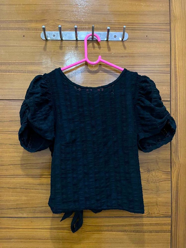 Chic Black Puff Sleeve Tie-Back Top