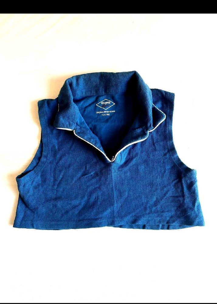 Blue Sleeveless Collared Crop Top