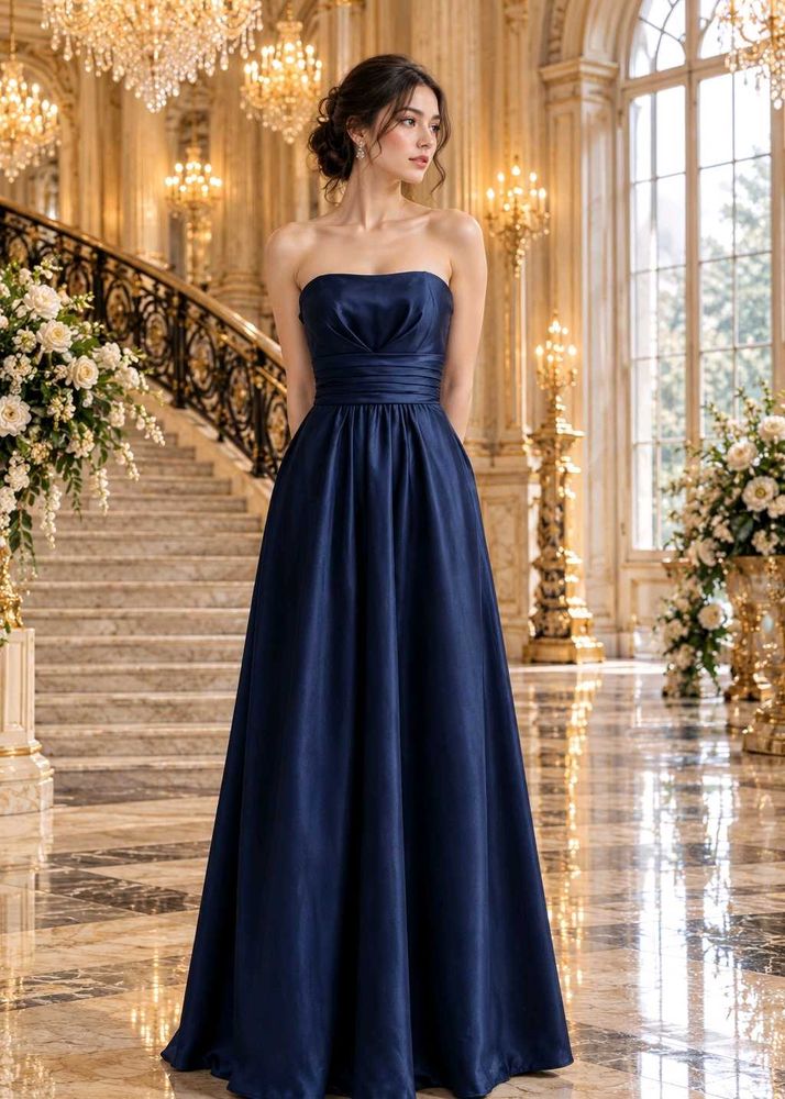 Elegant Navy Blue Strapless Gown ❤️